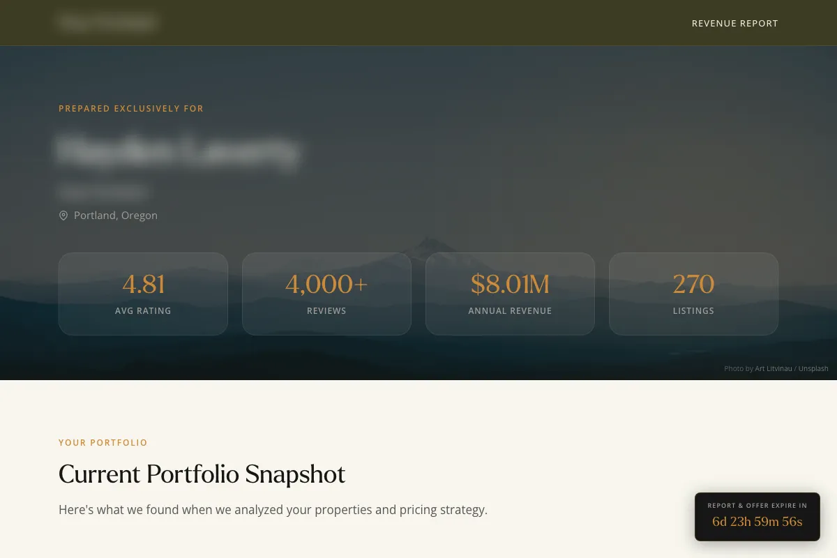 Example revenue audit showing portfolio metrics, pricing gaps, and estimated revenue opportunity